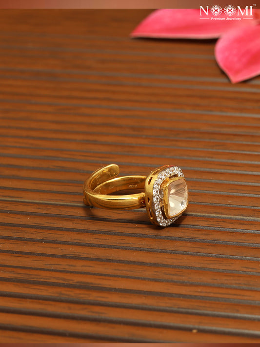Moissanite Polki 925 Silver Gold plated adjustable Ring