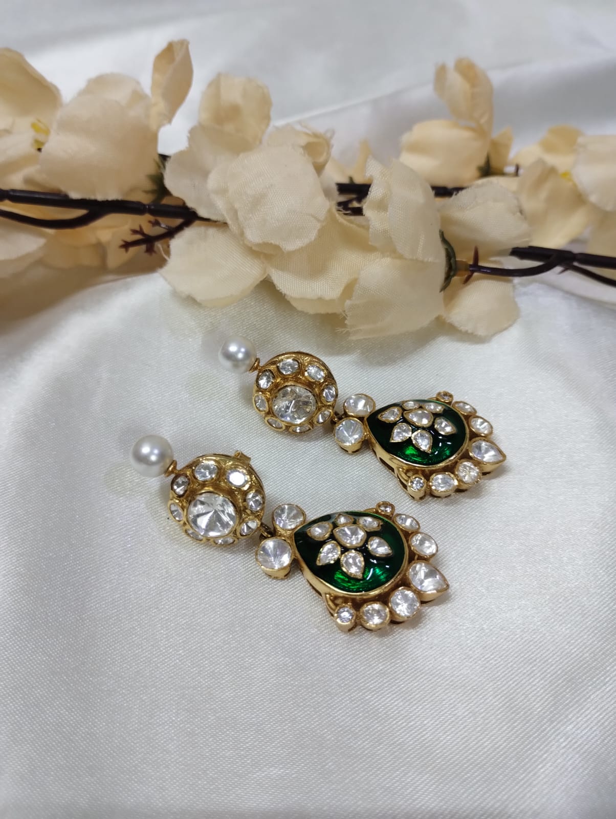 Amrapali Earrings – Gold Plated Silver with Green Enamel