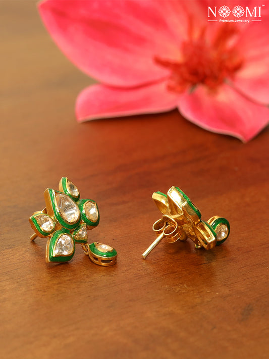 Moissanite Polki with enamel work 925 Silver with Gold Plating Lotus earring