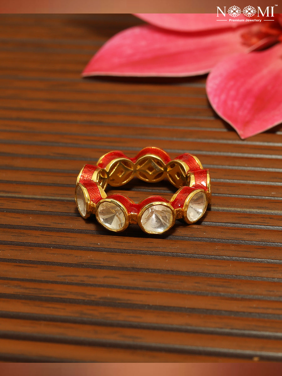 Moissanite Polki with red and green enamel work in 925 Silver with Gold Plating ring
