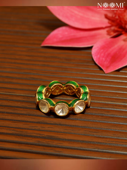 Moissanite Polki with red and green enamel work in 925 Silver with Gold Plating ring