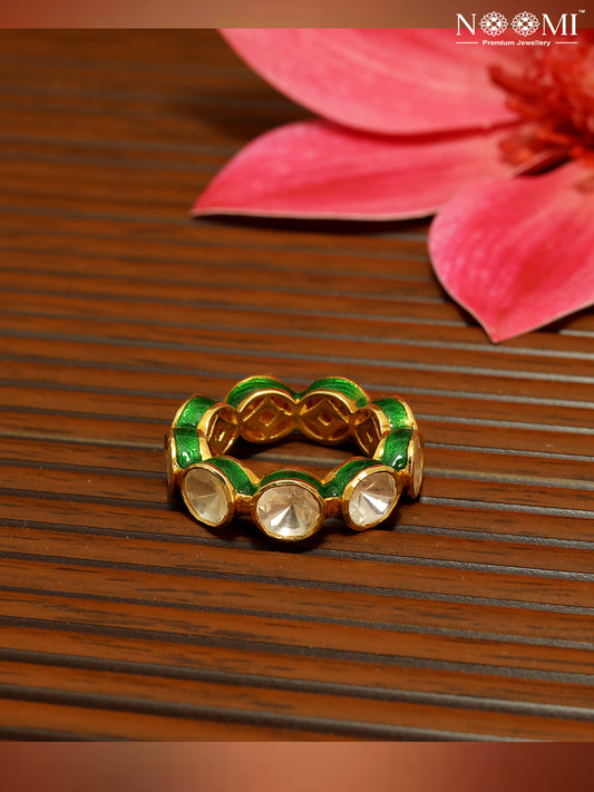 Moissanite Polki with red and green enamel work in 925 Silver with Gold Plating ring