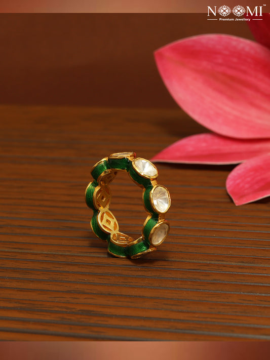 Moissanite Polki with red and green enamel work in 925 Silver with Gold Plating ring