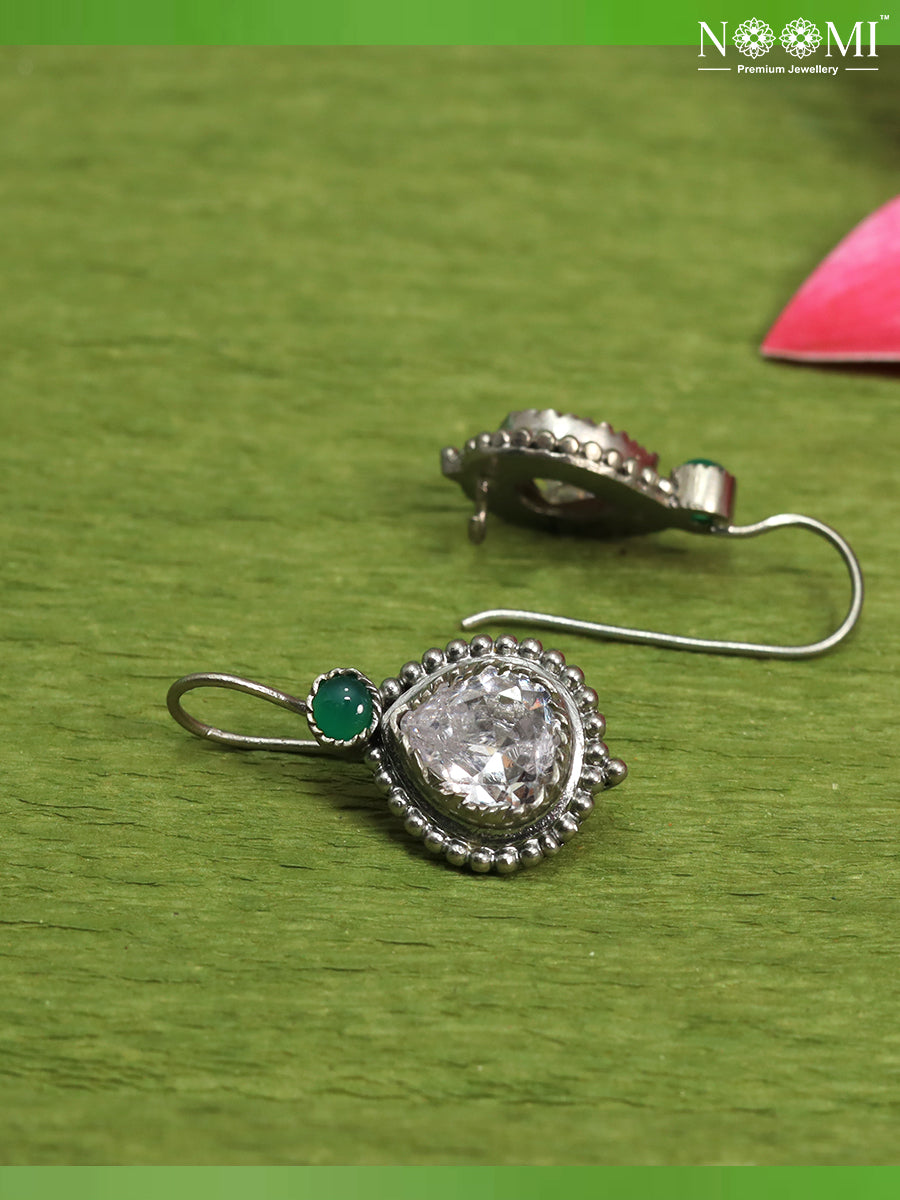 925 Silver Earring hoops with green gemstone. Designer Earrings 