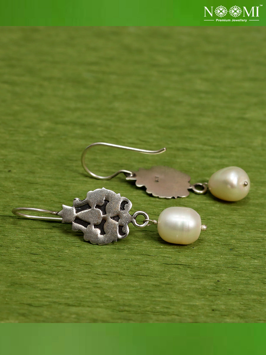 925 Silver Filigree work with pearl drop earrings. Designer Earrings