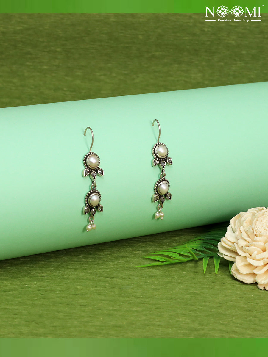 925 Silver Earrings with Pearl in hoop / drop style. Designer Earrings.