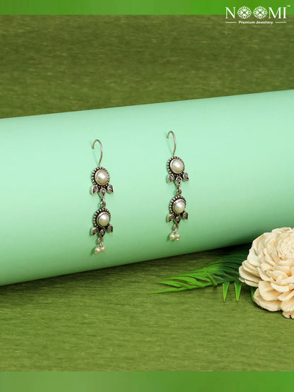 925 Silver Earrings with Pearl in hoop / drop style. Designer Earrings.