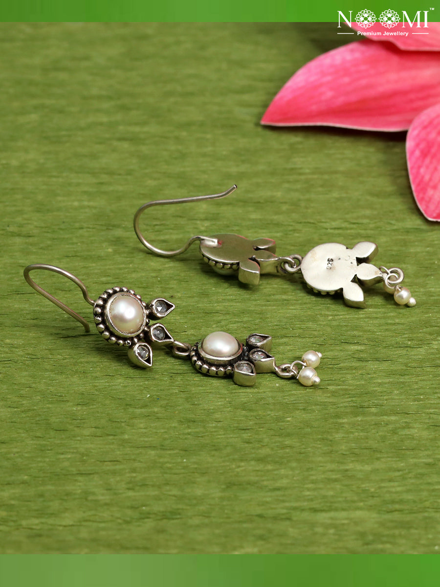925 Silver Earrings with Pearl in hoop / drop style. Designer Earrings.
