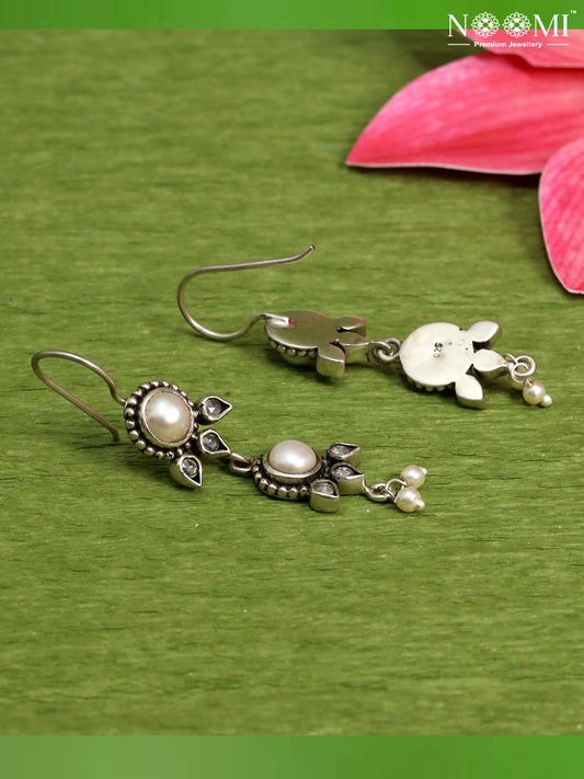 925 Silver Earrings with Pearl in hoop / drop style. Designer Earrings.