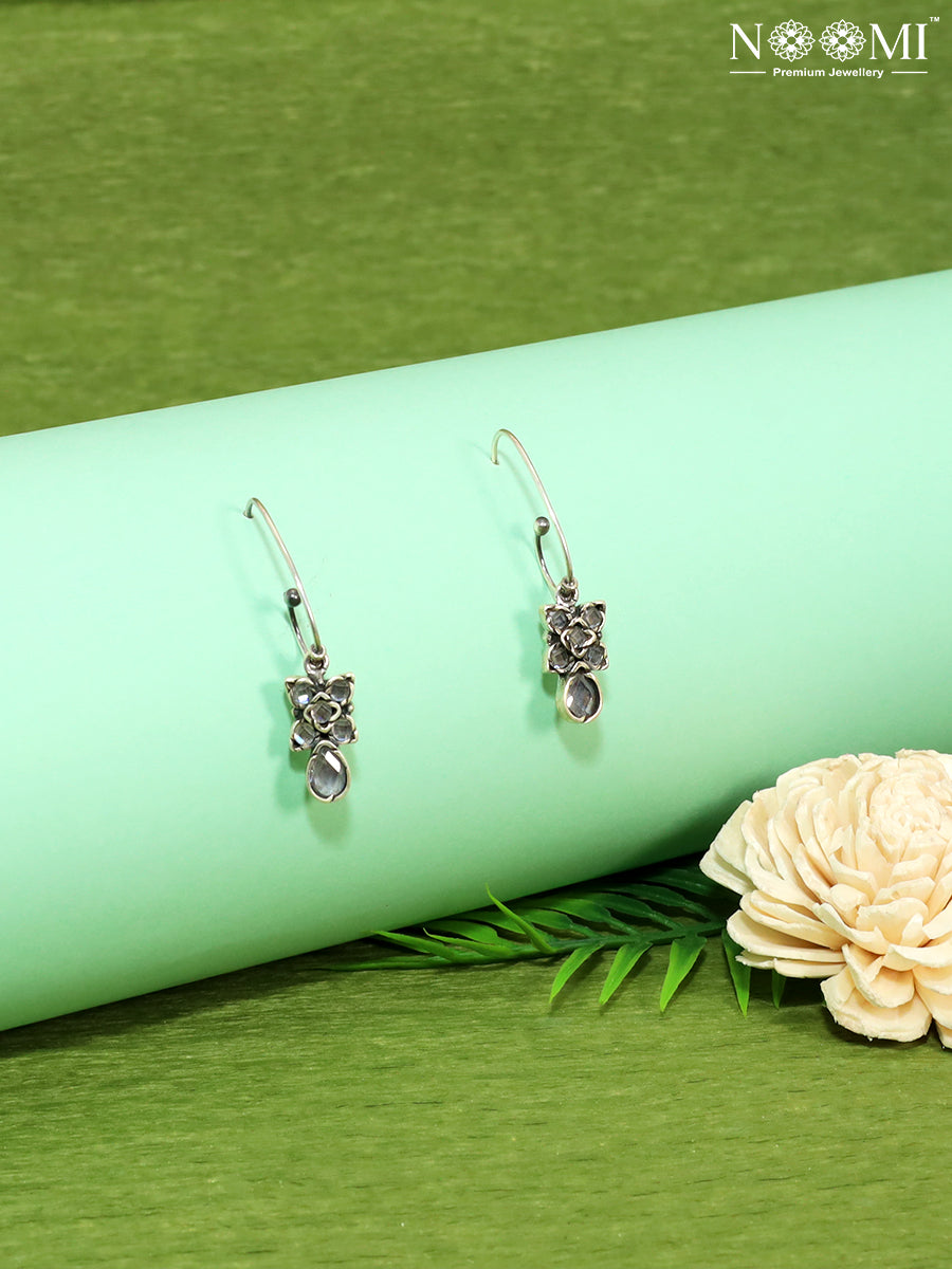 Floral Design 925 Silver Drop / Hoop Earrings in Oxidised finish. Designer Earrings