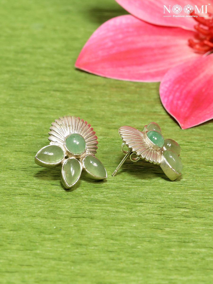 925 Silver earrings studded with semi-precious olive coloured stones. Designer Earrings 