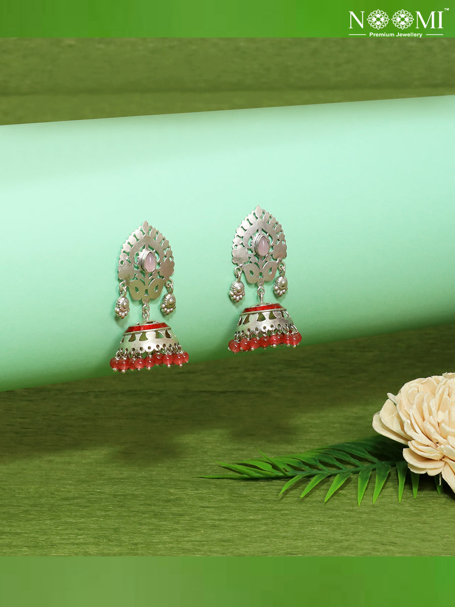 Silver Jhumka / Jhumki with pink beads
