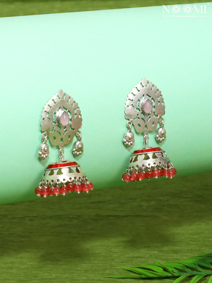 Silver Jhumka / Jhumki with pink beads