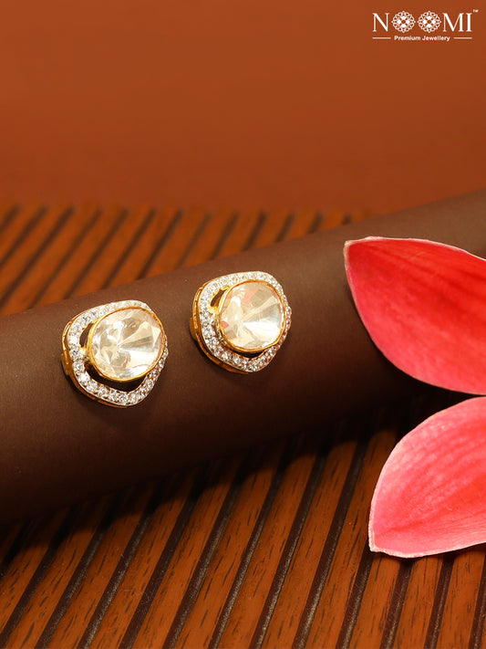 Moissanite Polki in 925 Silver with Gold Plating oval earrings