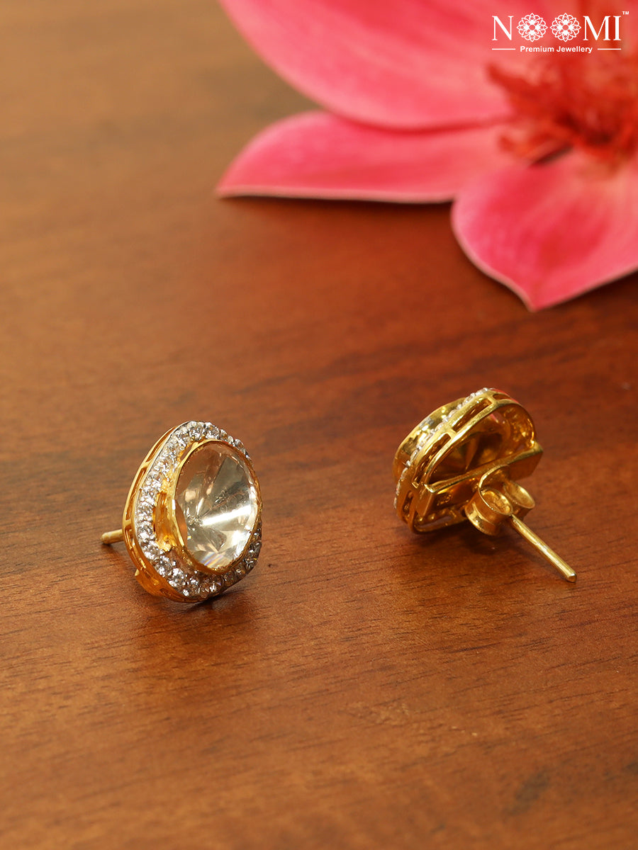 Moissanite Polki in 925 Silver with Gold Plating oval earrings