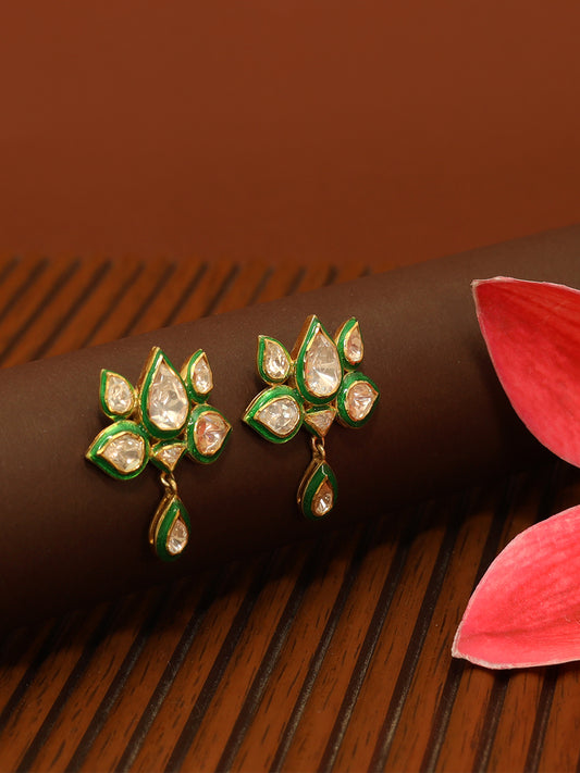 Moissanite Polki with enamel work 925 Silver with Gold Plating Lotus earring
