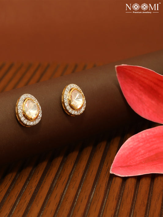 Moissanite Polki in 925 Silver with Gold Plating wide drop shaped earrings