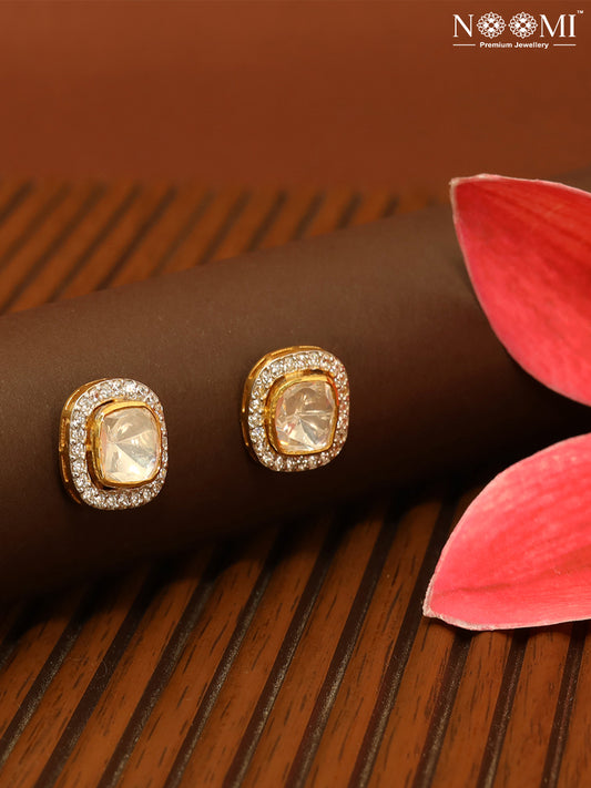 Moissanite Polki in 925 Silver with Gold Plating square earrings