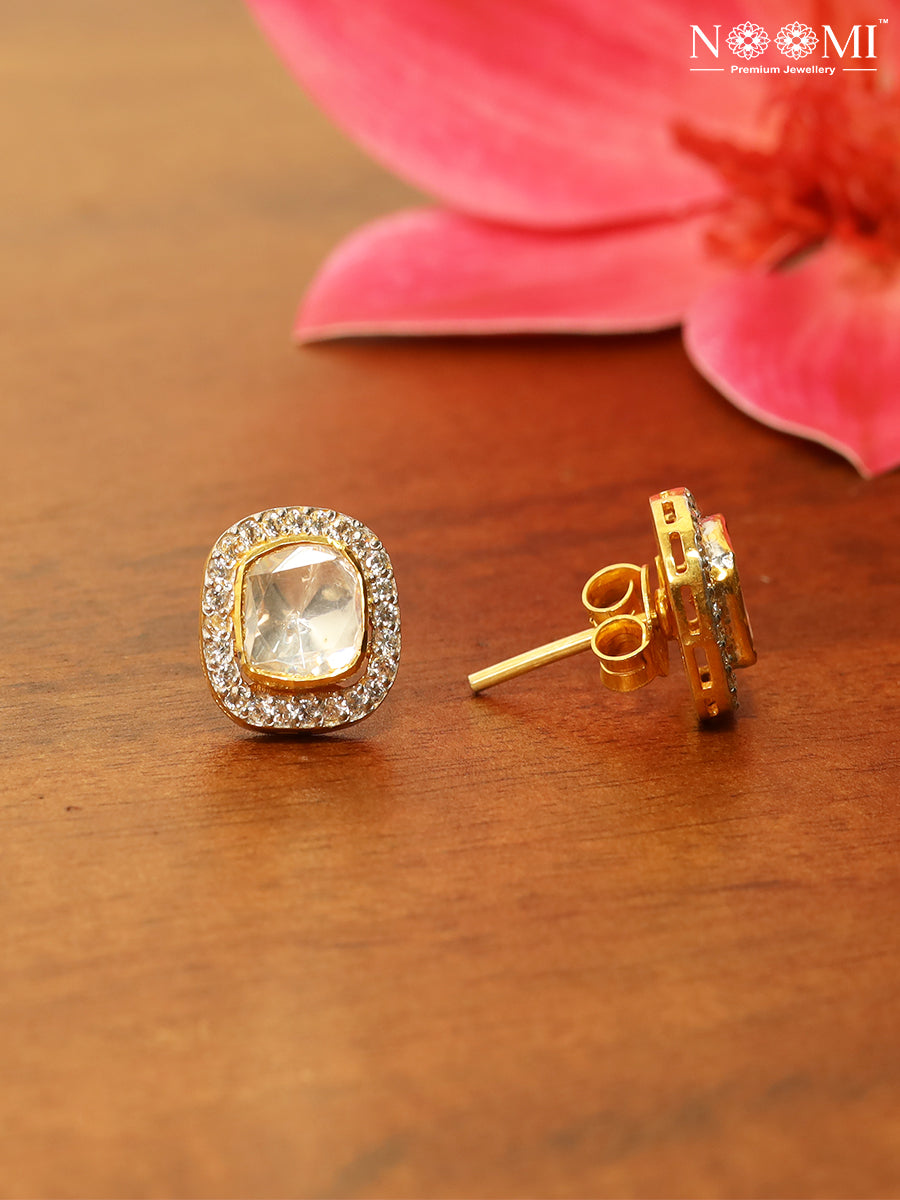 Moissanite Polki in 925 Silver with Gold Plating square earrings