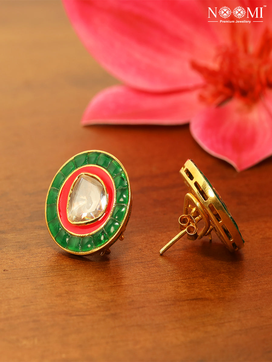 Moissanite Polki with Semi Precious Stones and enamel work 925 Silver with Gold Plating