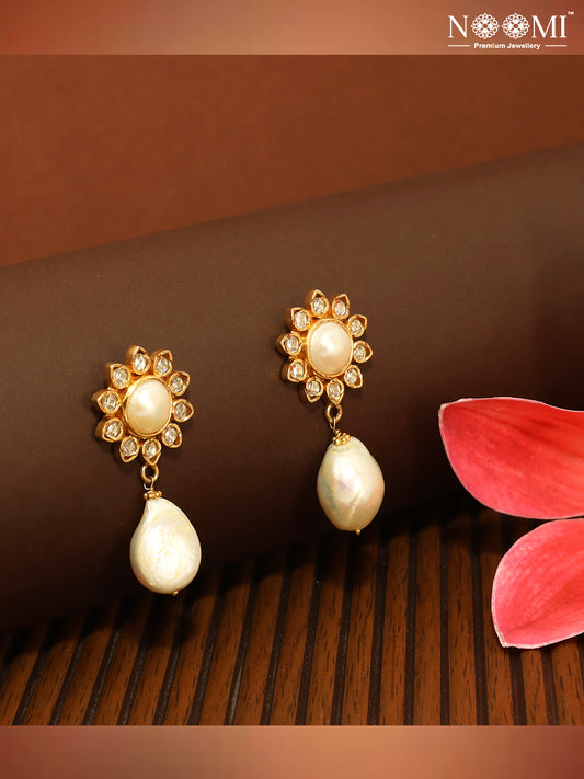 925 Silver. Gold Plated. NOOMI Pearl Designer Earrings.  