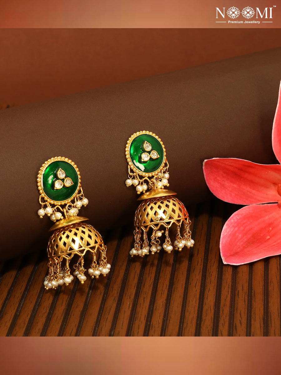 925 Silver. Gold Plated. NOOMI Pearl Meenakari Designer Earrings.  