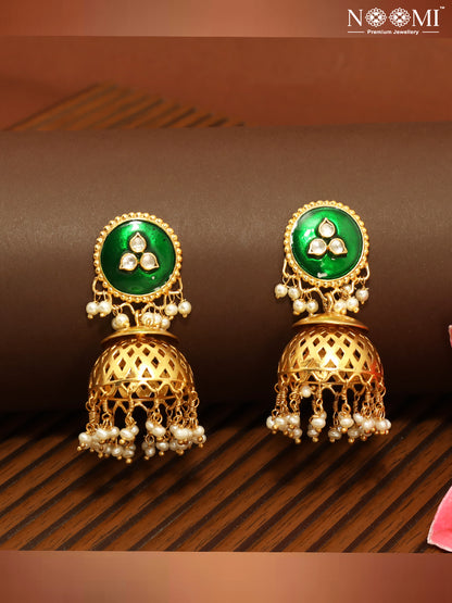 925 Silver. Gold Plated. NOOMI Pearl Meenakari Designer Earrings.  