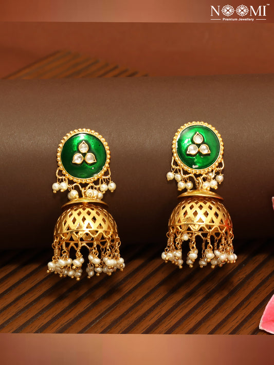 925 Silver. Gold Plated. NOOMI Pearl Meenakari Designer Earrings.  