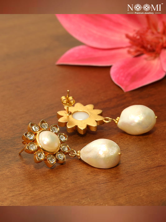 925 Silver. Gold Plated. NOOMI Pearl Designer Earrings.  