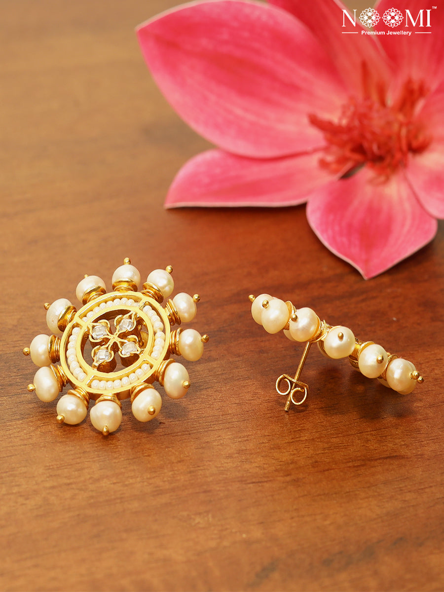 925 Silver. Gold Plated. NOOMI Pearl Designer Earrings.  