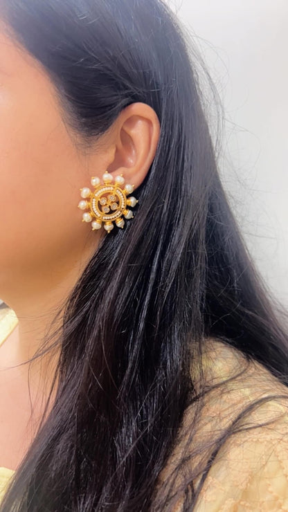 925 Silver. Gold Plated. NOOMI Pearl Designer Earrings.  