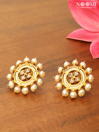 925 Silver. Gold Plated. NOOMI Pearl Designer Earrings.  